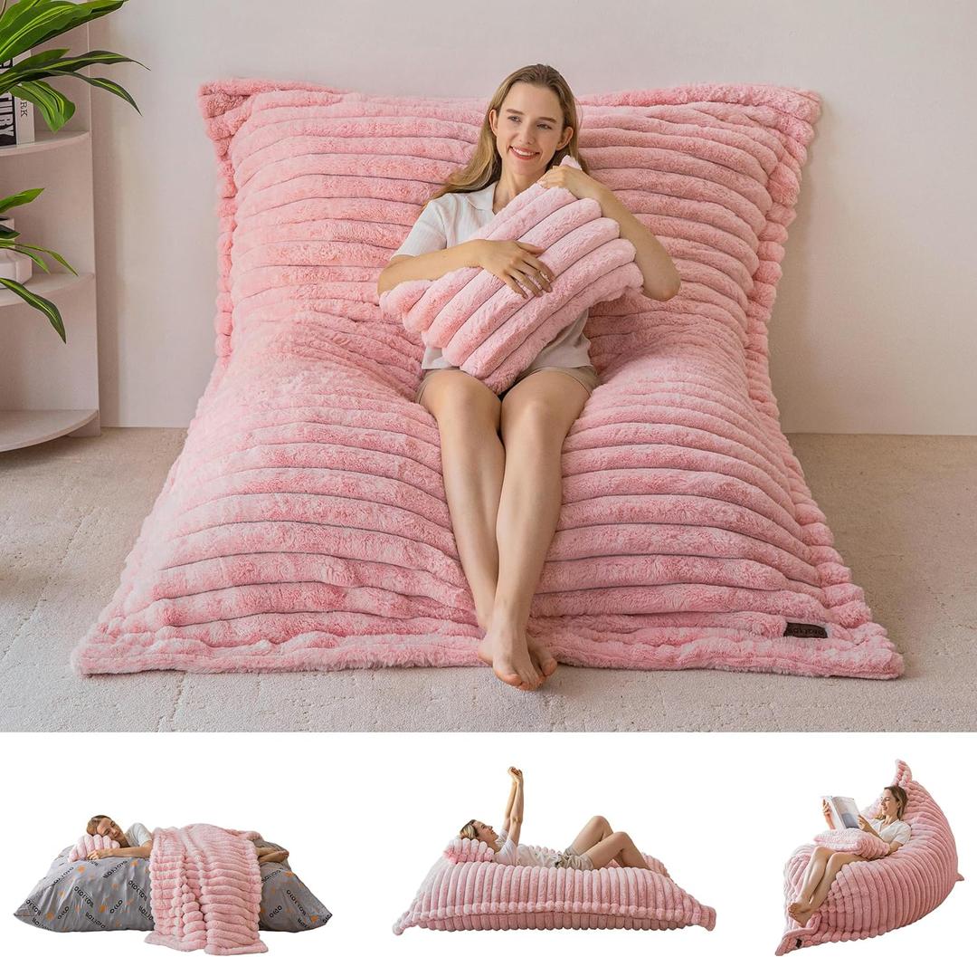 MAXYOYO Giant Bean Bag Chair with Pillow, 3 in 1 Convertible Bean Bag Chair for Adults with Removable Cover, Floor Cushion Stuffed Floor Lounger for Living Room Bedroom, Pink (Full, Faux Fur Pink)