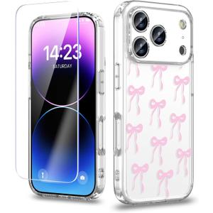 Case Compatible with iPhone 17 Pro 6.3 Inch with Screen Protector, Cute Bow Slim Clear Phone Cover for Women GirlFull Camera ProtectionAnti-YellowingShockproof & Anti-Scratch, Pink