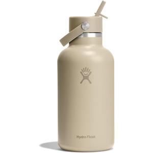 Hydro Flask Water Bottle - Insulated Stainless Steel - Wide Mouth Flex Straw Lid, Non Spill, Leakproof and Refillable in 64 Oz Tonal Oat