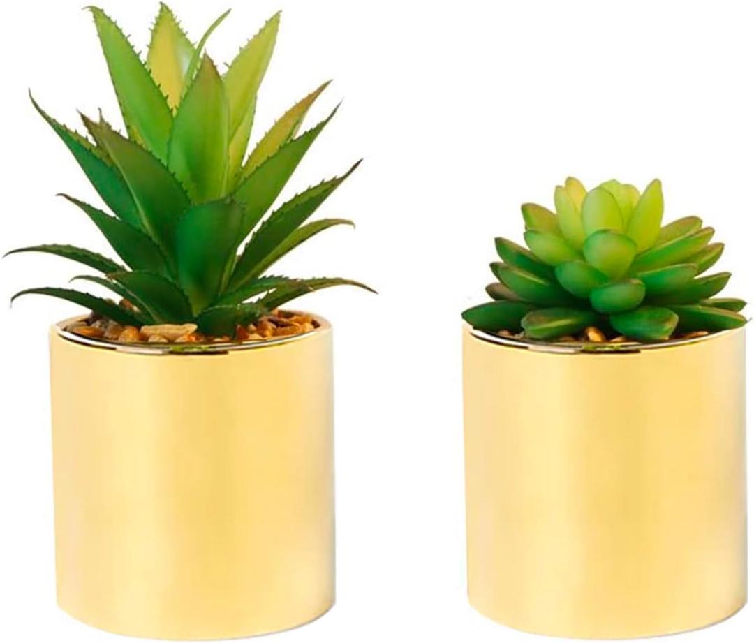 Faux Succulent Artificial Plants 7'' & 5'' in Pots Home Decoration Set of 2 Gold Pots