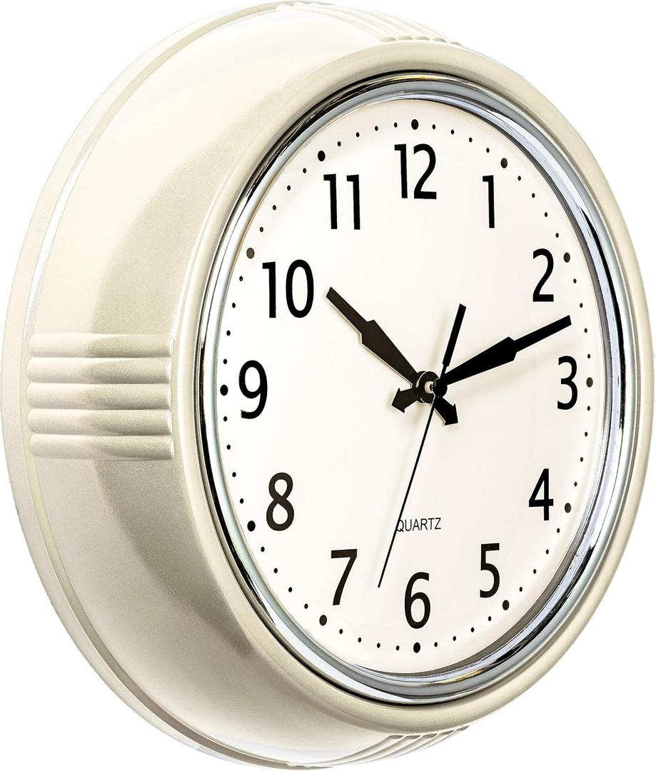 Bernhard Products Retro Wall Clock 9.5 Inch Cream Kitchen 50's Vintage Design Round Silent Non Ticking Quality Quartz Clock for Home/Office/Classroom (Cream)