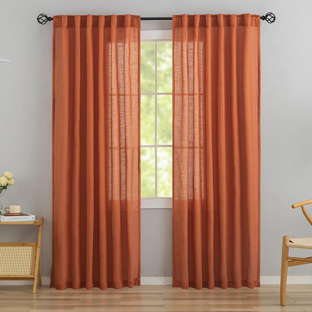 Rust Burnt Orange Linen Back Tab Curtains - 92 Inch Long, 2 Panel Set for Living Room - Boho Energy Saving Semi Privacy Sheer Curtains with Pocket, Light Filtering for Patio Door, 52" x 92"