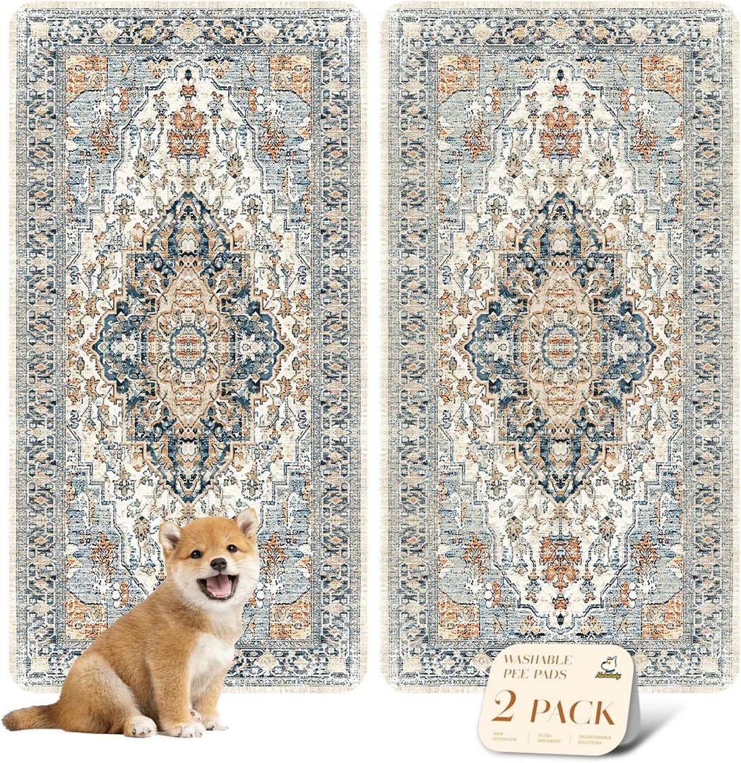 nunubaby Washable Pee Pads for Dogs, Stylish, Non-Slip and Leak-Proof Pee Pads. Reusable Potty Pads for Dogs for Crates and Floors (Beige/Multi, 24" x48" )