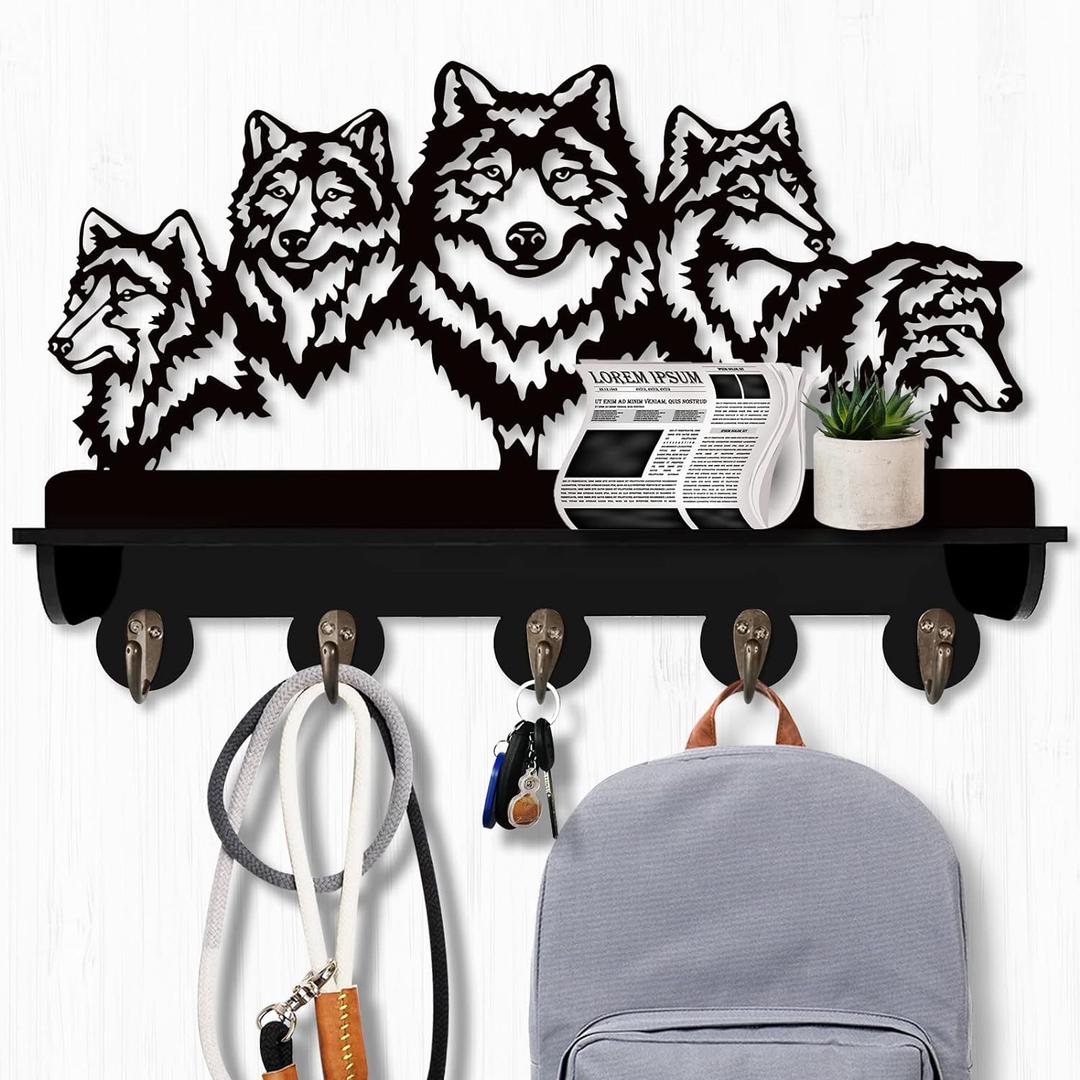 KingLive Wolf Wall Mount Coat Rack,Animal Wall Shelf with Heavy Duty Coat Hooks, Home Living Room Bedroom Decor for Hallway Kitchen Office Entryway, Wolf Wall Hook Gifts for Men(5 Hooks)
