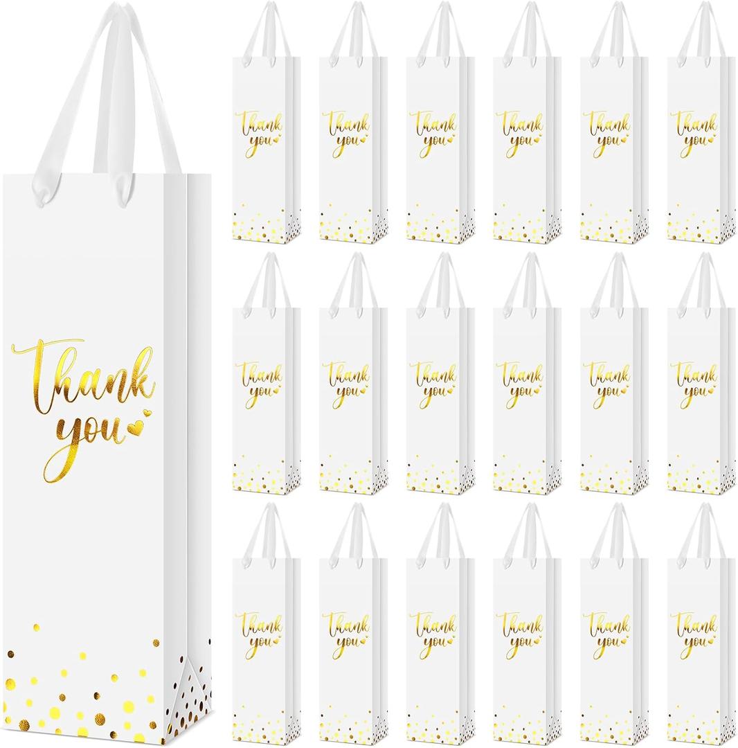 Ctosree 30 Pcs Wine Bottle Gift Bag with Handle 4.3x3.5x13.7 Liquor Paper Bag for Thank You Favor Gold Foil Kraft Whiskey Tote Carrier for Wedding Birthday Bridal Valentine's day Party(White)