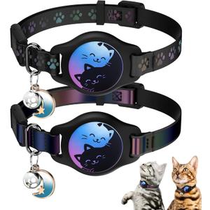 Cat Collar with Airtag Holder, 2 Pack Waterproof Breakaway Kitten Collar for Apple AirTag GPS Tracker, Adjustable Cat Collar with Buckle, Bell & Reflective Pattern for Cats, Kittens, Black (8-11")
