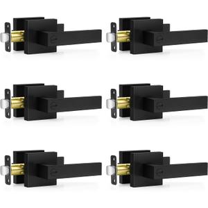 6 x Plustool 6 Pack Matte Black Door Handles Interior, Keyless Interior Door Knobs, Privacy Door Locks for Bedroom Bathroom, Heavy Duty Square Door Lever Locksets, Reversible for Left&Right Handled Doors