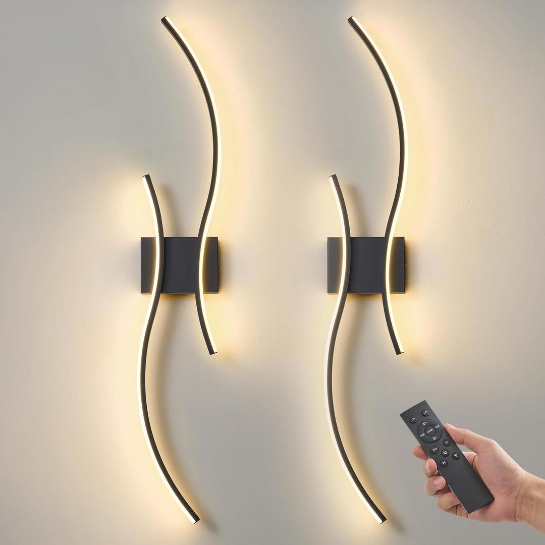Battery Operated Wall Sconces Set of 2, Dimmable Modern LED Rechargeable Wall Light with Remote Control, Wall Decor for Living Room, Hallway, Quick Install, No Electrician Required, 23.6 inches