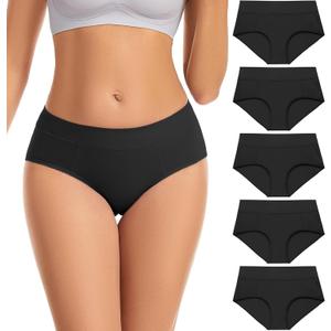Womens Underwear Cotton Hipster Ladies Panties for Women Mid Rise Coverage Briefs Strech Breathable - 5 Pack (Medium, Black Set 5pack)