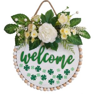 TEMPUS 14-Inch Welcome Sign for Front Door - Wooden Bead Wreath with Spring Summer Flowers and Greenery, Farmhouse Porch Wall Hanging, Year-Round Indoor Outdoor Home Entrance Decoration