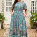 Nemidor Plus Size Women Maxi Dress Boho Casual Long Pocket (Blue, 4XL)