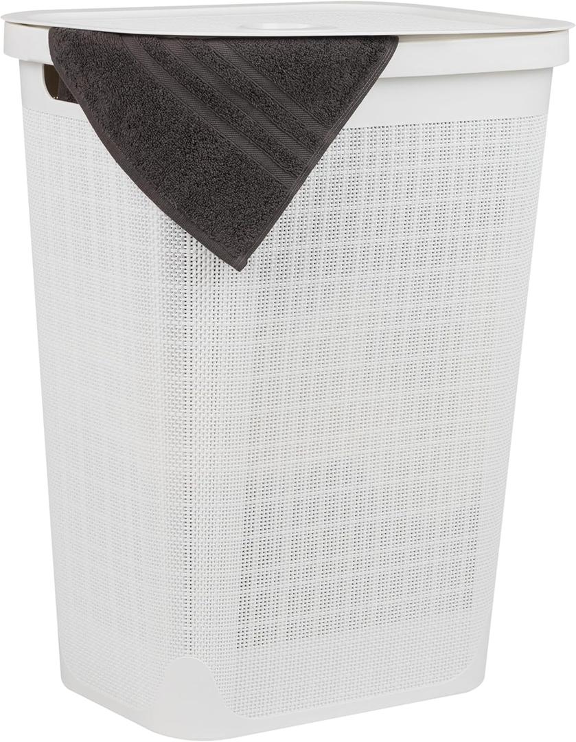 Mind Reader 60L Slim Laundry Hamper, Clothes Basket, Lid, Linen Design, Plastic, 18.25L x 14.25W x 23.5H, White