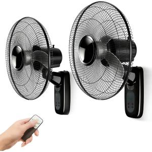 Aotop 16 inch Wall Mount Fan with Remote Control - 2 Pack, 3-Speed and 3 Modes, Timer Function, Adjustable Head, Oscillating Fan for Home and Office - Black