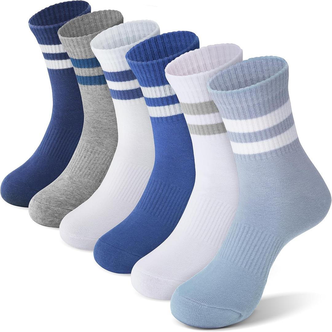 ANTSANG Kids School Athletic Sports Cotton Socks, Breathable Soft Crew Socks for Teen Girls Boys, 6 Pairs (9-14 Years, Dark Stripes)