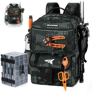 KastKing BaitSpace 50L Fishing Tackle Backpack with Removable Bait Binder,2 Rod Holders Storage Fishing Gear and Equipment (A: Black Camo (With (4) 3600 Tackle Boxes))
