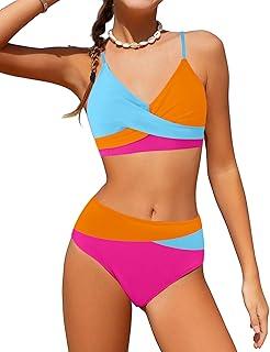 WIQI Girls Swimsuit Bikini Set 2 Piece Bathing Suits Color Block Criss Cross Swimwear Size 13-14year