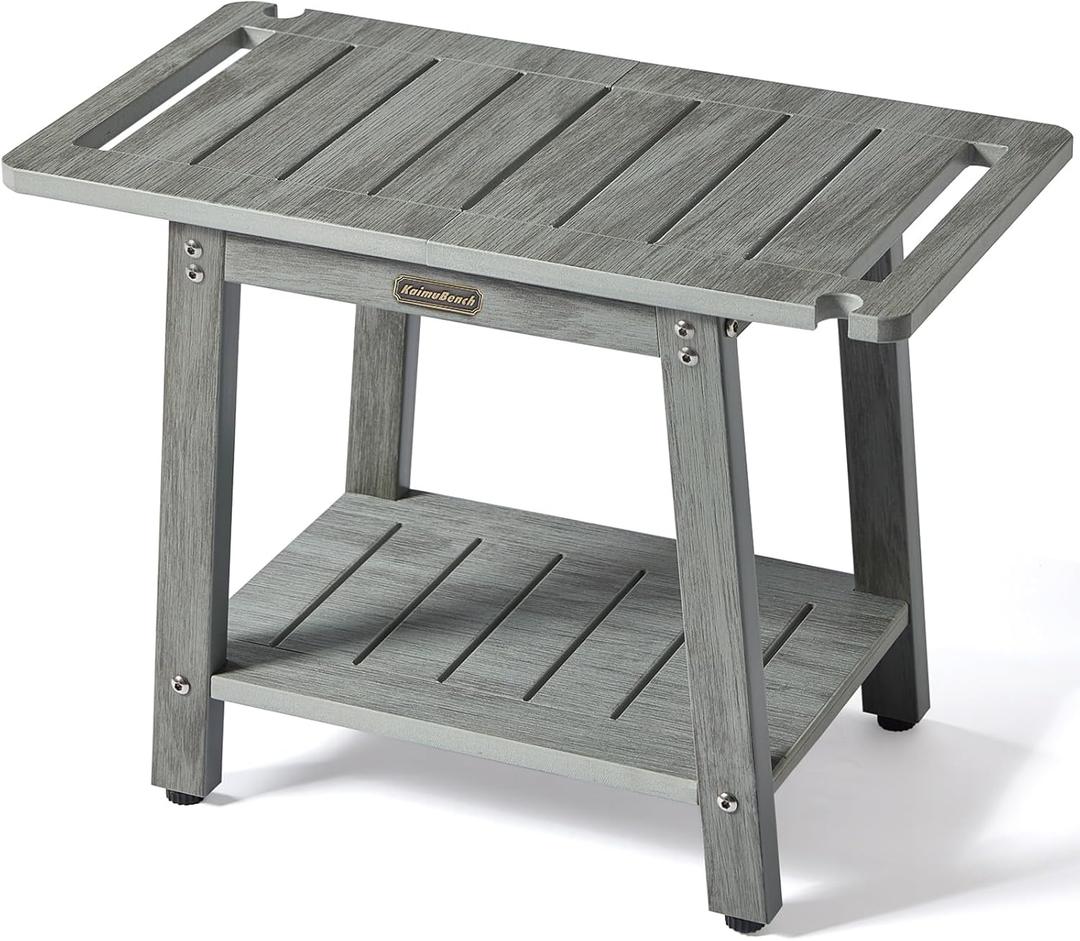 HDPS Shower Bench Seat with Shelf, Waterproof Shower Stool, Bathroom Chair for Spa with Handle, Weather Resistant/Non-Slip/Handles/Indoor or Outdoor Use, Weight Capacity 500LBS (Grey)
