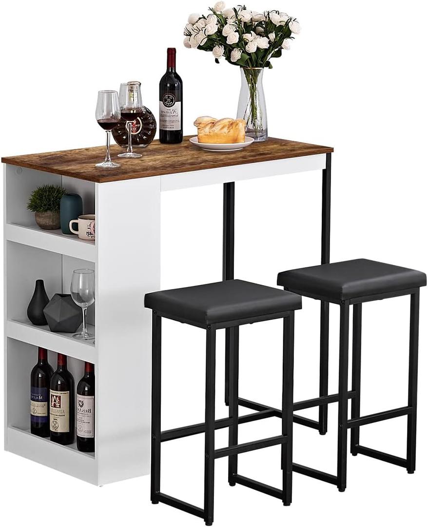 Panana 3 Piece Dining Table Set Kitchen Bar Table with Two Stool Storage Shelves Wood Counter Height Table Top with Sew Kerf Finish Dining Room Home, Small