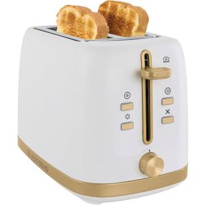 West Bend Timeless 2-Slice Toaster with 7 Browning Levels, Bagel/Waffle/Defrost Settings, High-Lift Lever, Anti-Jam, Easy-Clean Crumb Tray, 2-Slice, White/Gold