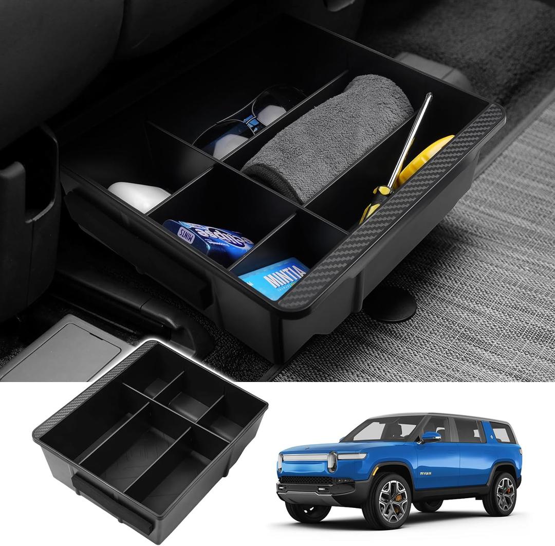 Karltys Under Seat Storage Box Organizer with Partitions for Rivian R1S R1T 2022-2025 Accessories, Hidden Storage Box with Silicone Anti-Slip Mat, ABS Underseat Storage Organizer