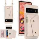 for Google Pixel 6 Case with Card Holder and Strap - Zipper Pocket,Crossbody Lanyard Strap,Credit Card Holder,Cute Phone Wallet Case for Women(Beige)