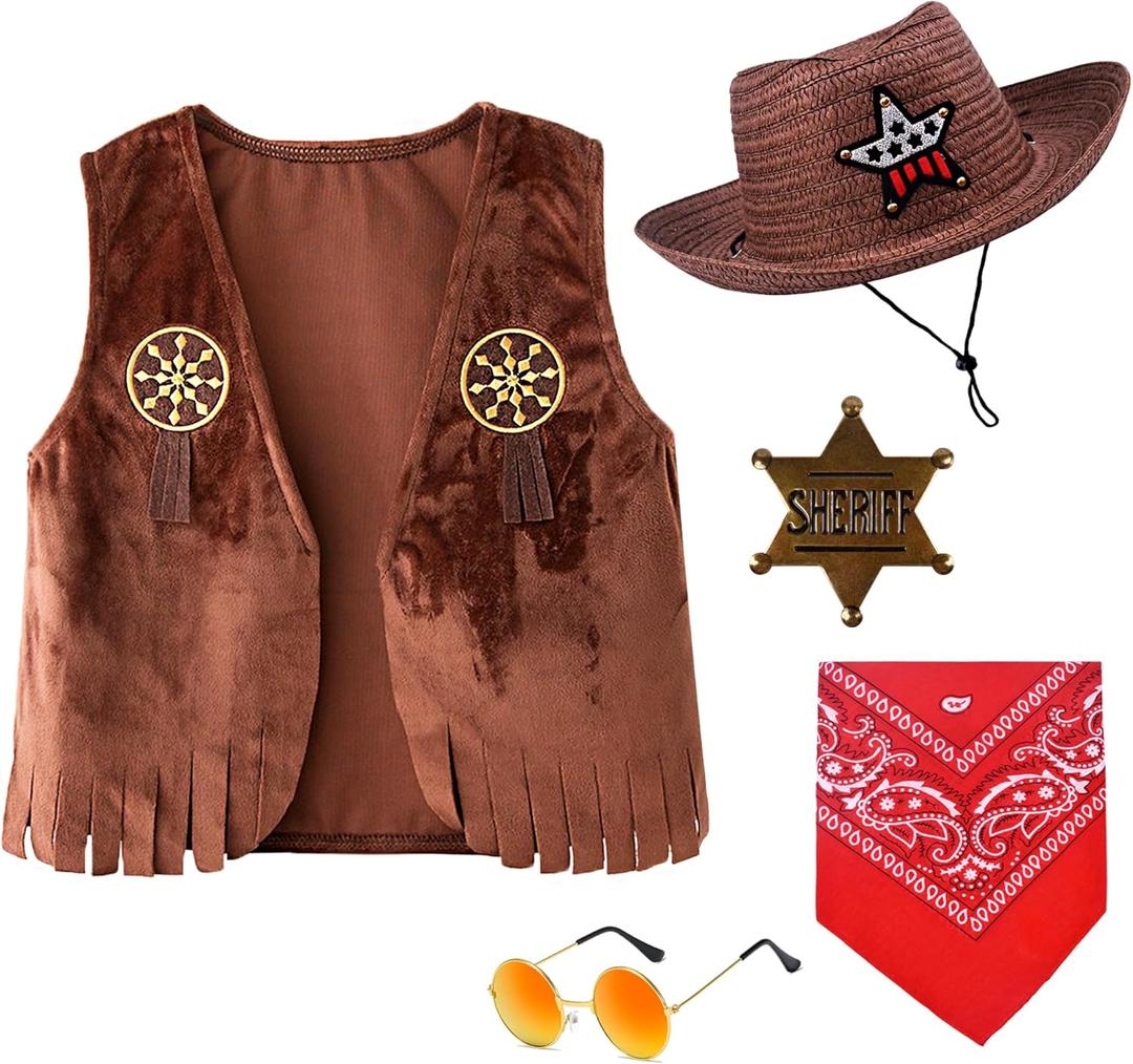 Kids Cowboy Cowgirl Costume 5PCS Set for Boys Girls Role Play Dress up 3-10 Year (9-10YHeight 55"-59")