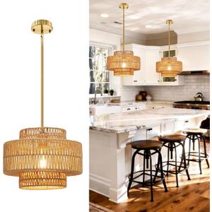 12.4 Boho Rattan Chandelier, Hand Woven Pendant Light Fixture, 1-Light Farmhouse Hanging Ceiling Light for Dining Room, Kitchen Island, Bedroom, Living Room, Entryway, Foyer