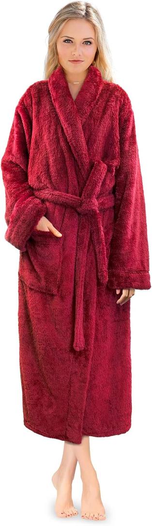 PAVILIA Premium Womens Plush Soft Robe Fluffy, Warm, Fleece Sherpa Shaggy Bathrobe (Small-Medium, Wine)