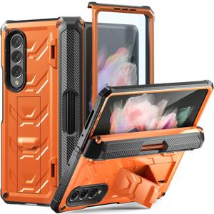 Rugged Case Armor for Samsung-Galaxy-Z-Fold-3 w/ Built-in [Kickstand] [S Pen Holder] [Screen Protector] [Hinge Protection], Heavy Duty Shockproof Protective Cover NOT FIT Z Fold4/2 (Orange)