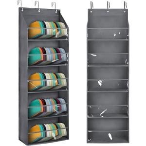 Hat Organizer for Baseball Caps - Hat Rack for Door - Hat Storage for Baseball CapsHat Holder on Wall, Clear Deep Pockets 5 Tiers, Holds at Least 60 Hats, with 3 Hooks (Grey)