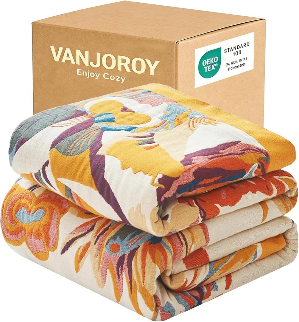VANJOROY Boho Throw Blanket, 100% Organic Cotton Ultra Soft 50" x 60" Throw for Couch and Bed - Skin-Friendly Embroidery Cozy All Season Rustic Floral Decor Chair Blanket -Beige (A-flower-butterfly)