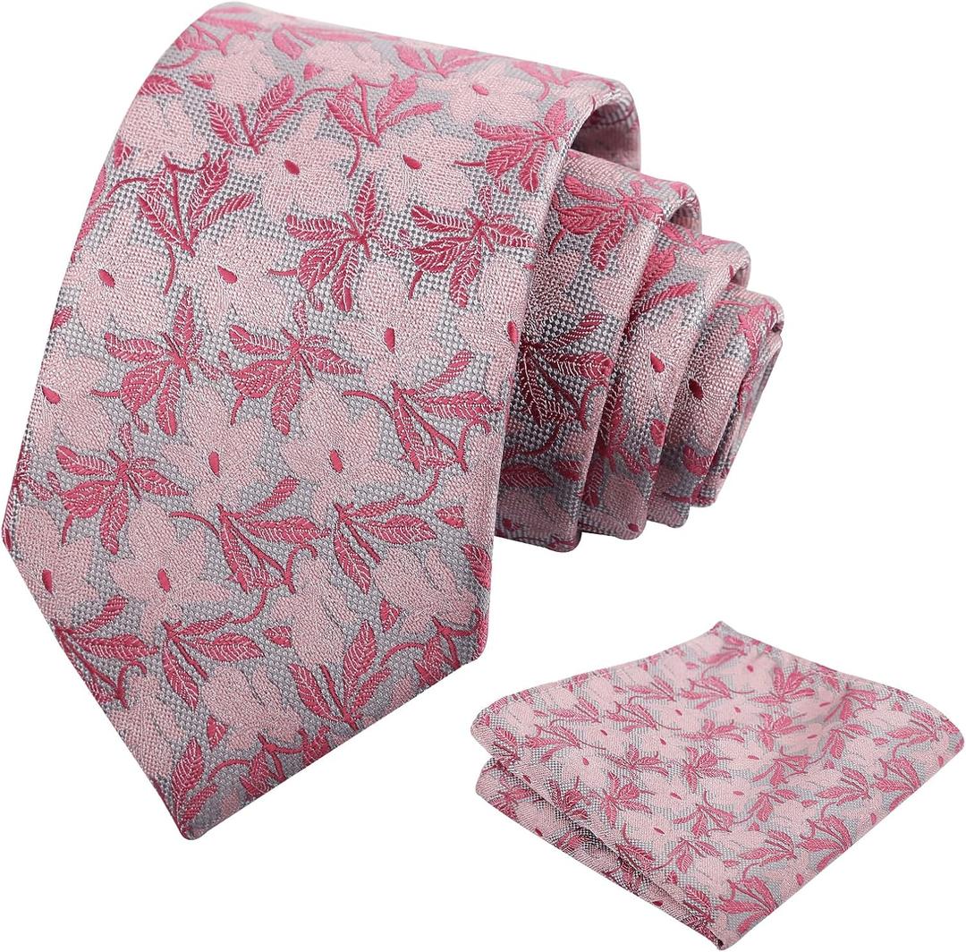 Alizeal Mens 3.15'' Maple Leaf Pattern Necktie Set | Plant Printed Hanky Perfect for Weddings Business Daily Wear (Pink)