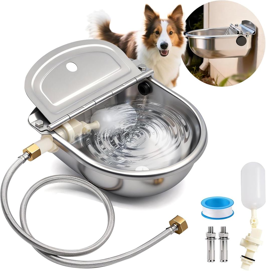 Automatic Dog Water Bowl Dispenser Outdoor, Water Dispenser for Dogs Cats, 304 Stainless Steel Waterer for Large Dogs Chicken Duck Pig Cow Goat, Wall Mountable, with Drainage Hole