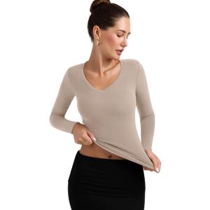 PINKMSTYLE Women's V Neck Long Sleeve Thermal Shirts Fall Winter Lightweight Base Layer Undershirts Basic Tops (S)