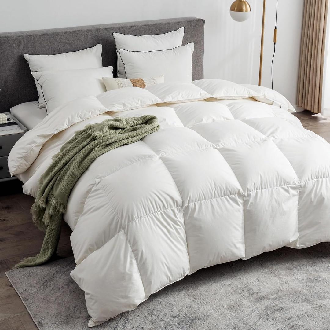 Feathers & Down Comforter, Organic Duvet Insert, 100% Cotton Shell, Ethically-sourced Feathers and Down Filler, All Season Warm, Oversized Queen Size, White