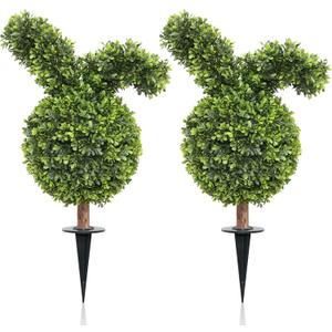 28inch Bunny Shaped Topiary Trees with Ground Spike, Artificial Boxwood Rabbit Topiary for Indoor Outdoor Home Decor (Set of 2)
