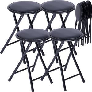 FurnitureR Folding Stools Set of 4, Backless 24-Inch Collapsible Padded Round Stool Chair Portable for Indoor/Outdoor, Metal Frame, PVC Cushion, No Assembly Required, Black
