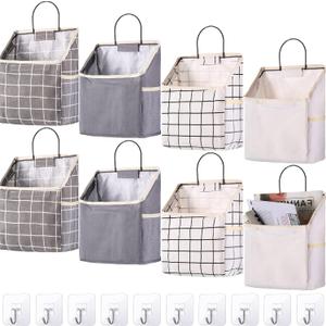 8 Packs Wall Hanging Storage Bag, Wall Storage Organizer Bags with Hooks, Over The Door Hanging Basket for Dormitory Bathroom Bedroom, Living Room Kitchen(Cute Color) (Grey, White, Gray Plaid and White Plaid)