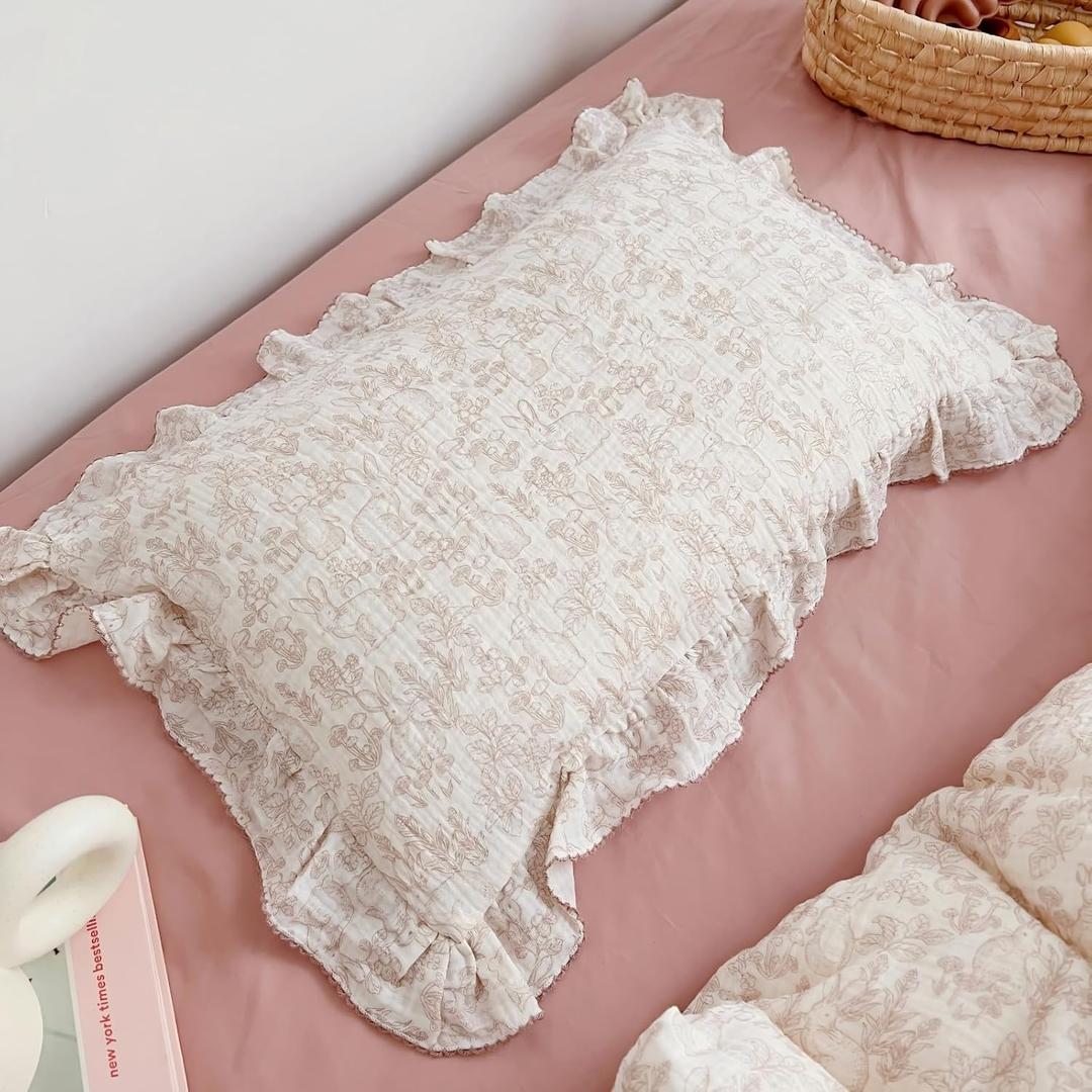 BuLuTu 100% Cotton Muslin Toddler Pillowcase with Ruffles Edges, Cute Rabbit Pattern Toddler Pillow Cover Soft Breathable Gauze Cotton Kids Pillow Cases for Boys,Girls, 1 Piece, 14"x20"