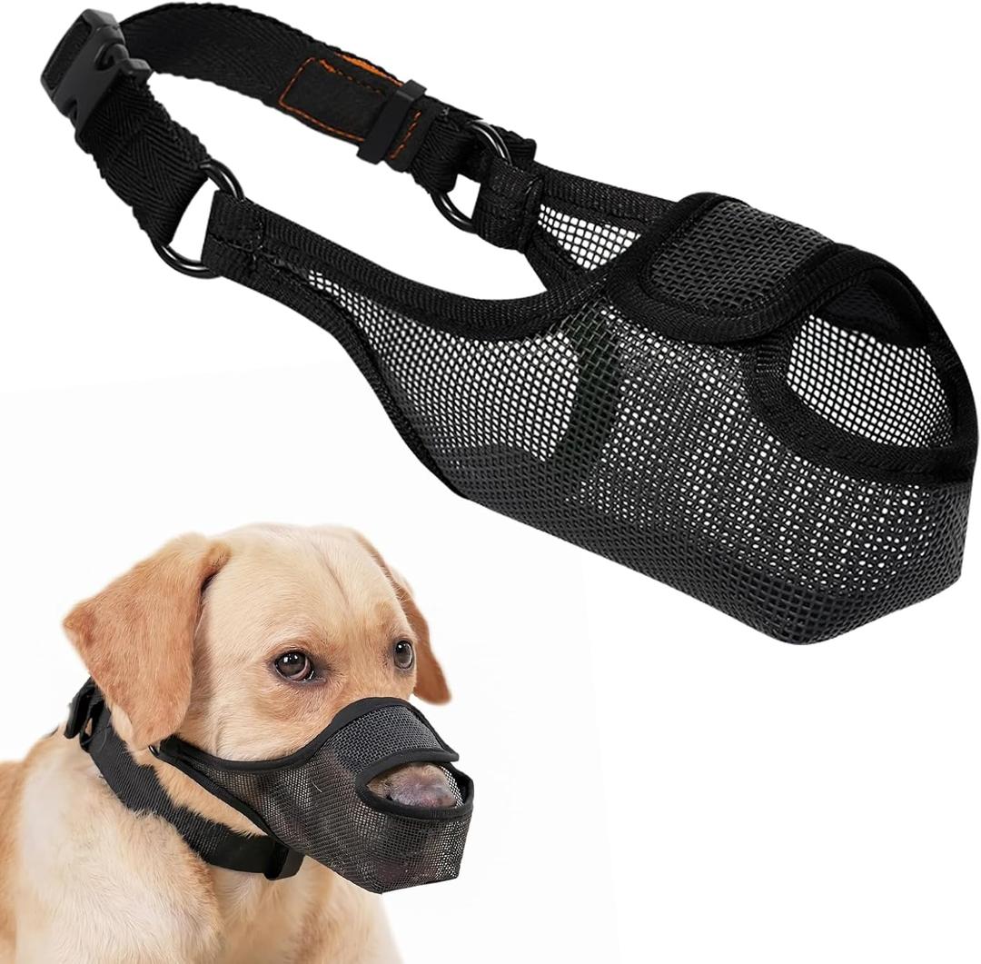 LUCKYPAW Dog Muzzle, Patented Mesh Muzzle for Large Medium Small Dogs Allows Full Pant Drinking Mouth Cover to Prevent Biting Chewing Scavenging Adjustable Breathable Mouth Guard(Black, XXL) (XXL-Snout:12.25-13.75")