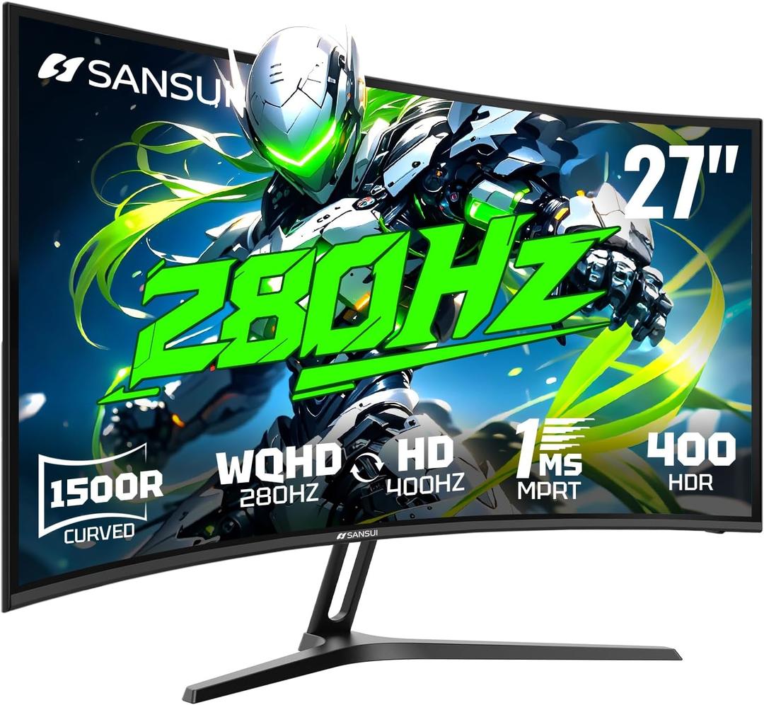 SANSUI 27 Inch 280Hz Curved Gaming Monitor,WQHD 280Hz / HD 400Hz Dual Mode,1500R Curved Computer Monitor, HDR400 135% sRGB 5000:1 Contrast Ratio, PIP/PBP,OD 1ms AI Crosshair,HDMI2.1 * 2, DP1.4,VESA (Black)