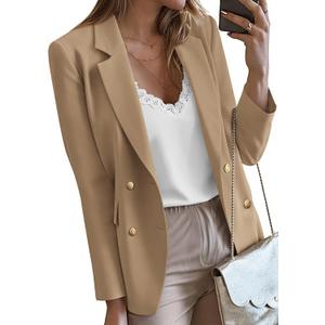 KIRUNDO Blazers for Women Business Casual 2025 Fall Long Sleeve Double Breasted Open Front Work Suit Jackets with Pockets (Large, Khaki)