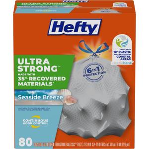 Hefty Ultra Strong 13 Gallon Trash Bags, Tall Kitchen Trash Bags Made with Recovered Materials, Including Coastal Plastic, Drawstring, Resists Leaks and Punctures, Gray, Seaside Breeze Scent, 80 Bags