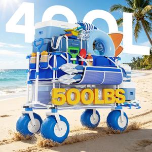 400L Double Decker Beach Wagon with Big Balloon Wheels for Sand | 500LBS Heavy Duty Foldable Beach Wagon with Side Pocket, Beach Cart for Beach,Fishing,Camping,Outdoor-Blue