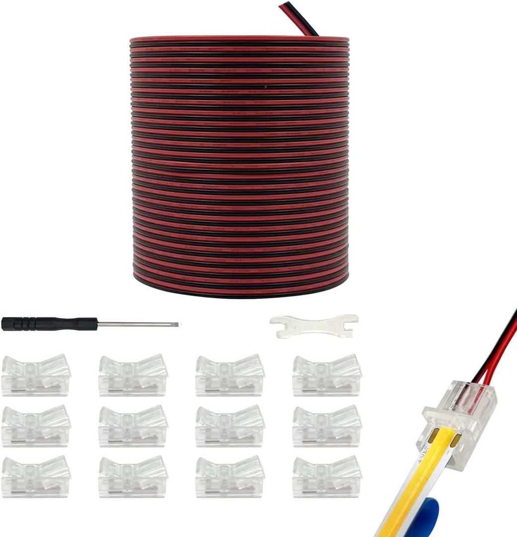 HAMRVL 10mm COB LED Strip Light Connectors Strip to Wire Solderless Transparent Track Lighting kit Adapter Connection, with 6M/19.68ft Led Wire Extension Cable for 5050 Led Tape 12/24V (2 Pin, 10mm)