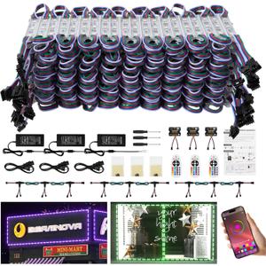 BEAMNOVA 120FT RGB LED Strip Lights Kit, Dual Parallel Controllers, 3 Power Injection Cables, 180W Power Supply, IP65 Waterproof Commercial LED Storefront Window Lighting with Remote & App