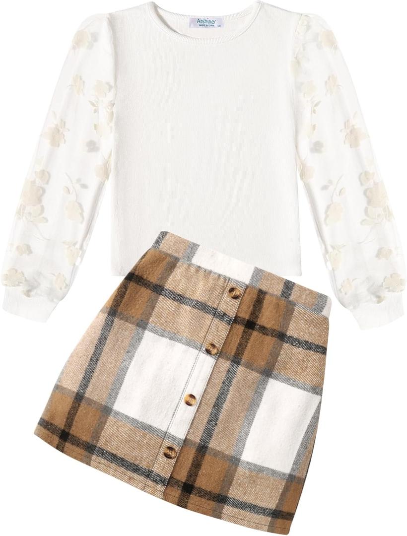 Arshiner Girl's Skirt Sets Casual Fall Outfits Corduroy Skirt and Long Sleeve Rib Knit Shirt Tops Trendy 2 Piece Clothes, 9-10Y