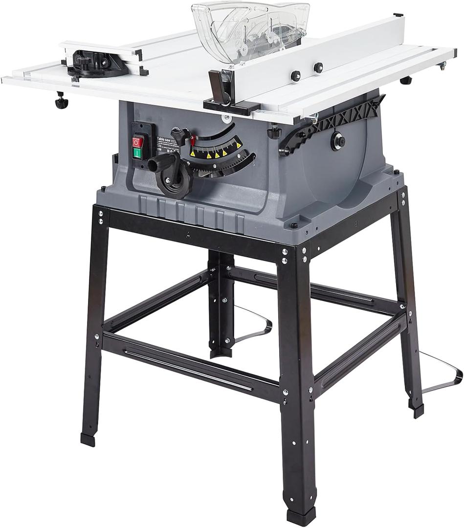 Table Saw 10 Inch, Portable Benchtop Table Saw, Stand & Push Stick, 5000RPM, Adjustable Blade Height, with Port for Connecting Dust Collector, 90Cross Cut & 0-45Bevel Cut