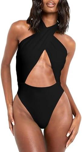 HYPERFIRE Women's Sexy Halter Criss Cross Swimsuit Cut Out One Piece Bathing Suit High Cut Swimwear, Size: L