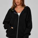 MASCOMODA Women Zip Up Hoodie Trendy Oversized Sweatshirt Casual Long Sleeve Fleece Jacket Fall Outfits Fashion Clothing (Black)